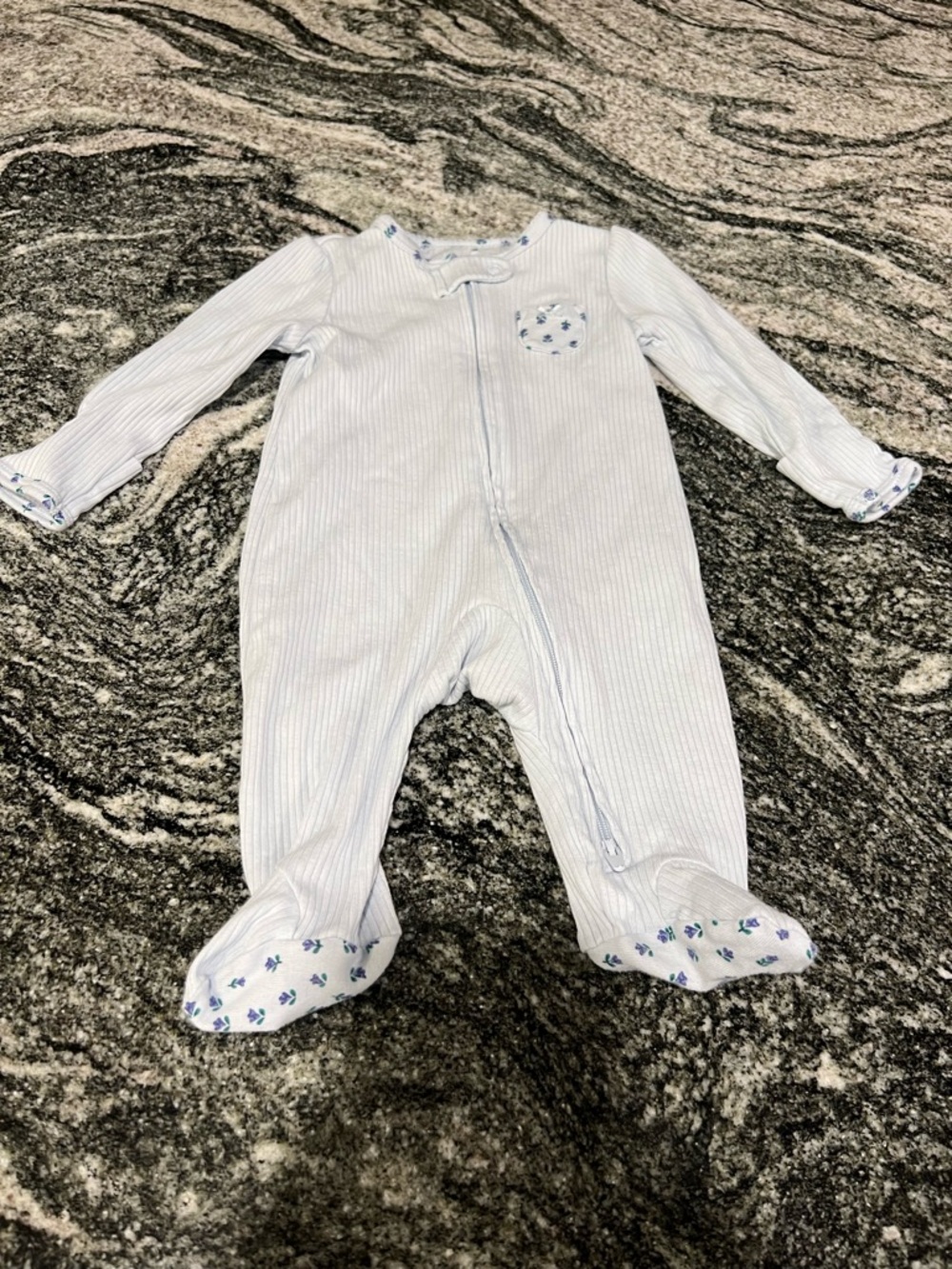 Carter's Light Blue Ribbed Footed One-Piece with Floral Accents